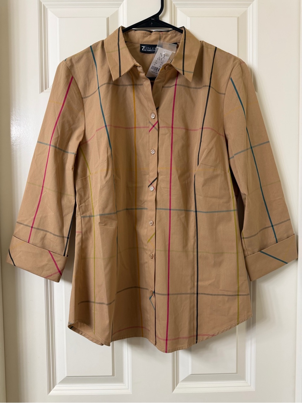 7th Avenue New York & Company - Tan Plaid Button-Up Shirt - Medium